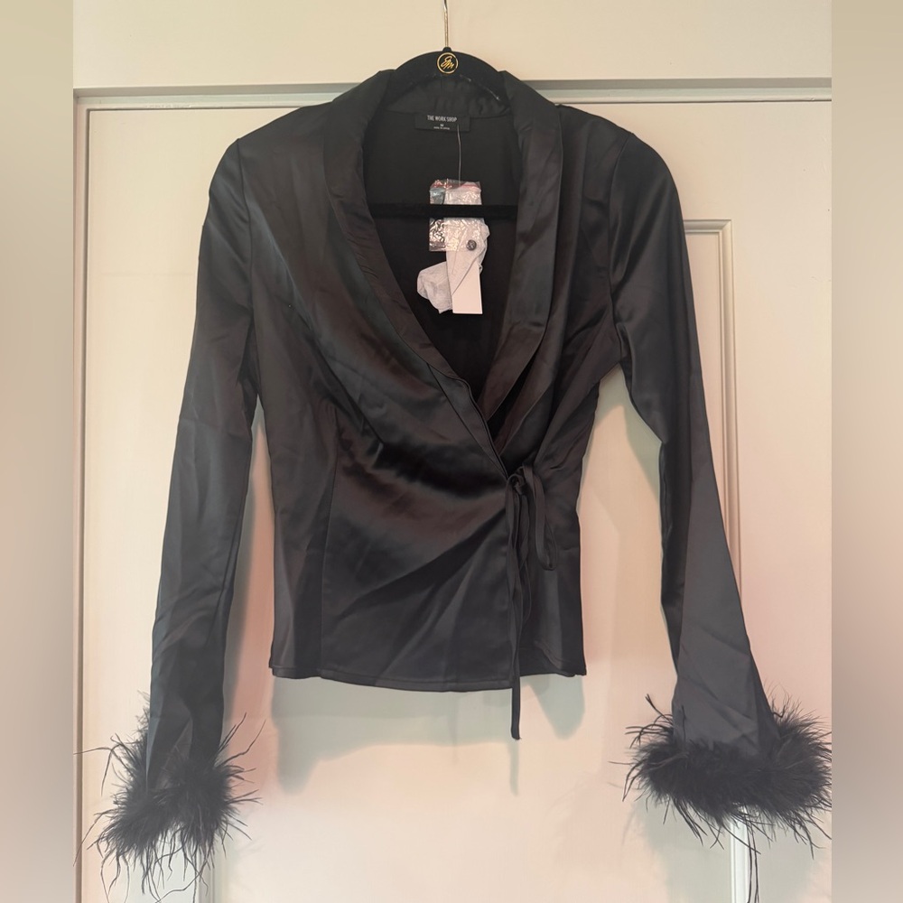 Vici Black Satin Wrap Jacket with Feather Cuffs